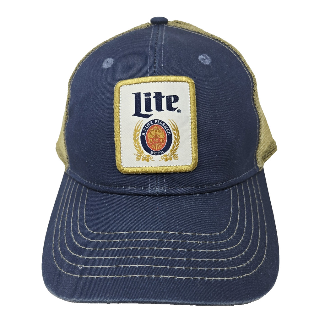 Miller Lite Pilsner Beer Trucker Cap Hat Blue Embroidered Strapback Mesh